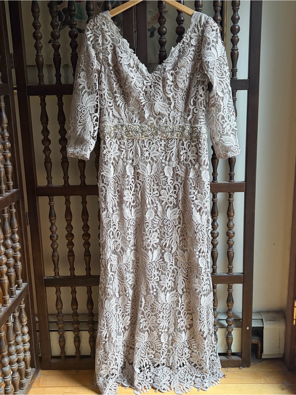 MONTAGE by Mon Cheri Champagne Lace Beaded Belt Evening Maxi Dress Size 14 $535